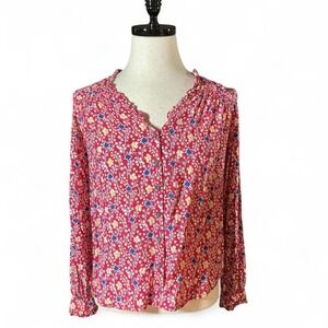 Maeve by Anthropologie Pink Floral Star V Neck Button Up Long Sleeve Blouse